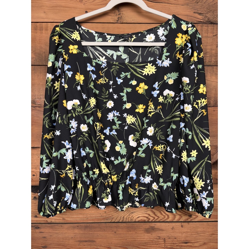 Ann Taylor Factory Blouse Womens Medium Floral Peplum Square Neck Puff Sleeve